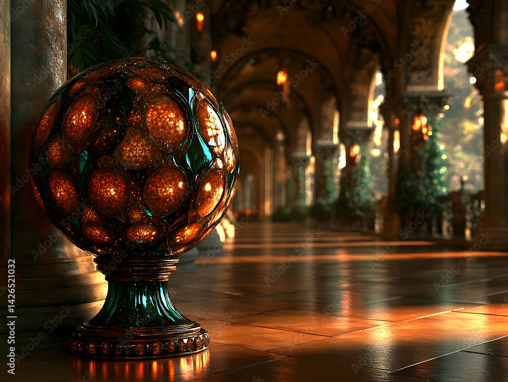 Poster ornate glowing sphere with an amber glow set inside an arched hall with columns and polished floors