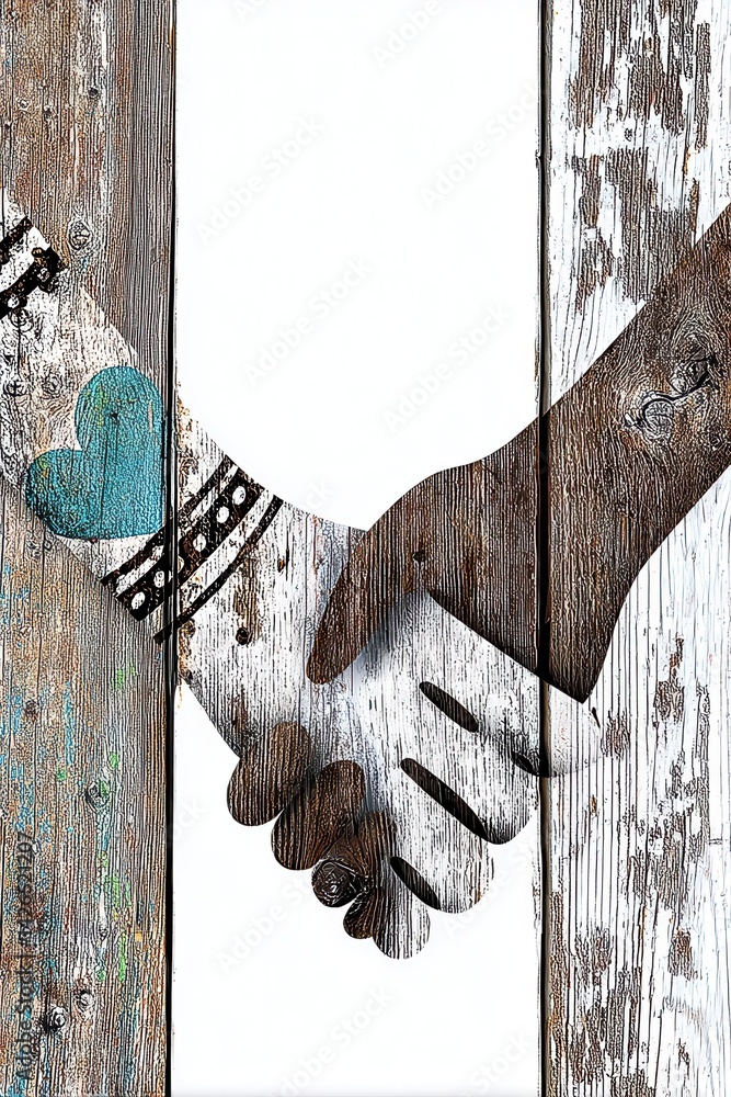 Aufkleber artistic representation of hands joining in unity and friendship on rustic wood background