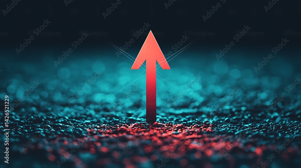 Poster a vibrant, glowing arrow points upward against a textured backdrop of blue and red lights, creating 