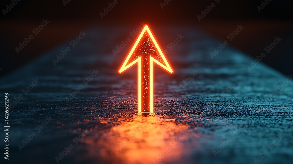 Poster a glowing neon arrow points upward on a reflective surface, creating a striking contrast between lig