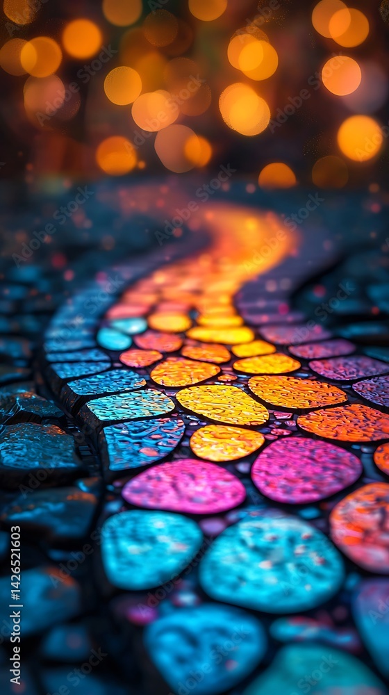 Poster a vibrant, winding pathway of colorful stones illuminated by soft bokeh lights, creating a magical a