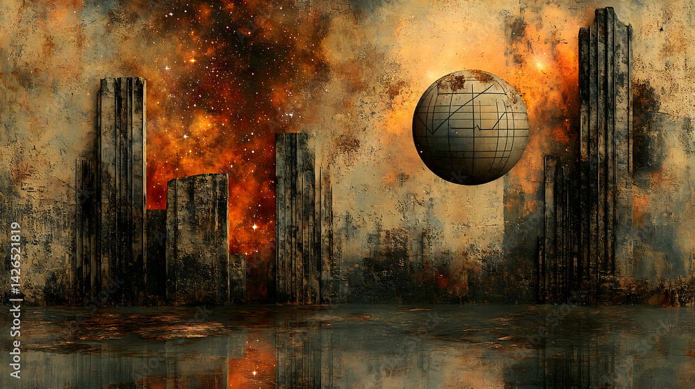 Poster starry sky view behind abstract building structures with water reflections and spherical object