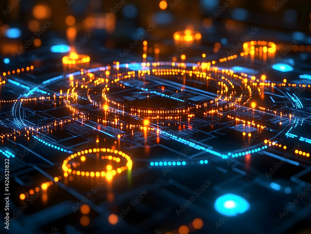 Aufkleber tech-inspired grid with neon orange circles and blue circuit lines on a dark background