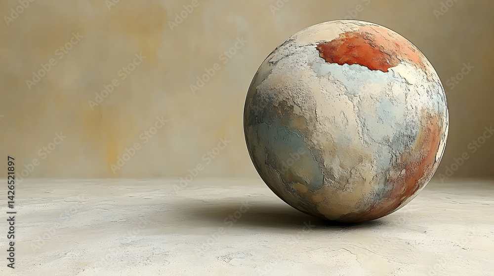 Aufkleber textured sphere the object features a red patch set against a beige backdrop rests on a textured sur