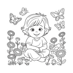 Cute Child Sitting Among Butterflies and Flowers - Nature and Childhood Illustration