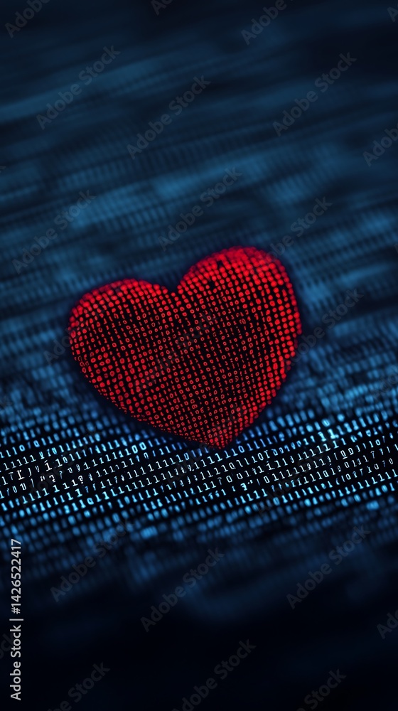 Poster a glowing red heart made of binary code stands out against a dark, digital background, symbolizing l