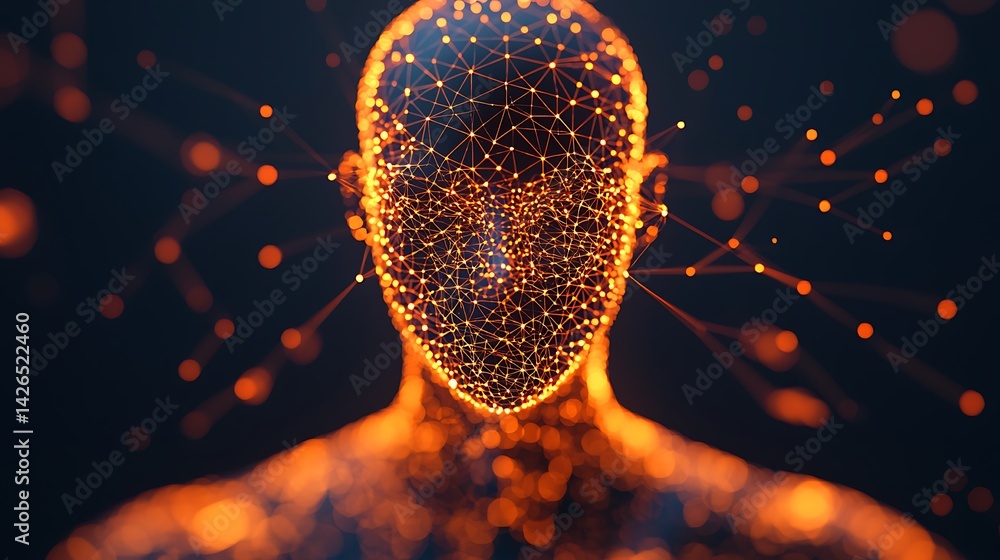 Poster a digital representation of a human figure, composed of glowing lines and nodes, symbolizing technol