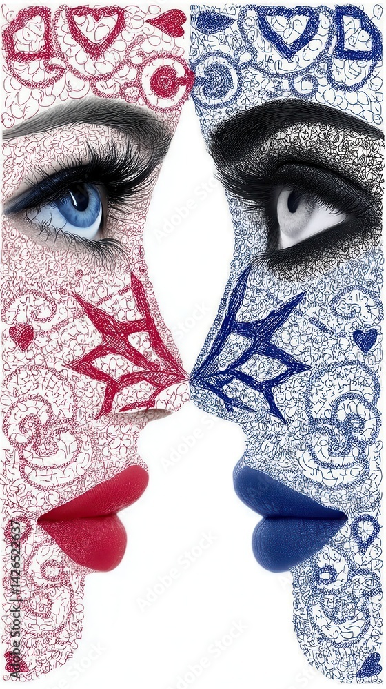 Poster dual faces intertwined with intricate designs reflecting emotion and connection between friends