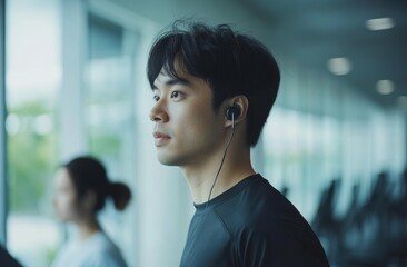 Obraz premium An Asian woman, who embodies beauty and athleticism, is seen wearing sportswear and a workout headband while exercising on a treadmill at the gym, exemplifying a healthy and sporty physique through