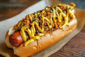 Classic hot dog with mustard.