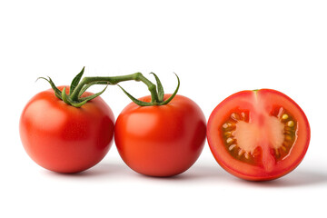 Tomatoes and one sliced tomato are arranged on a white background