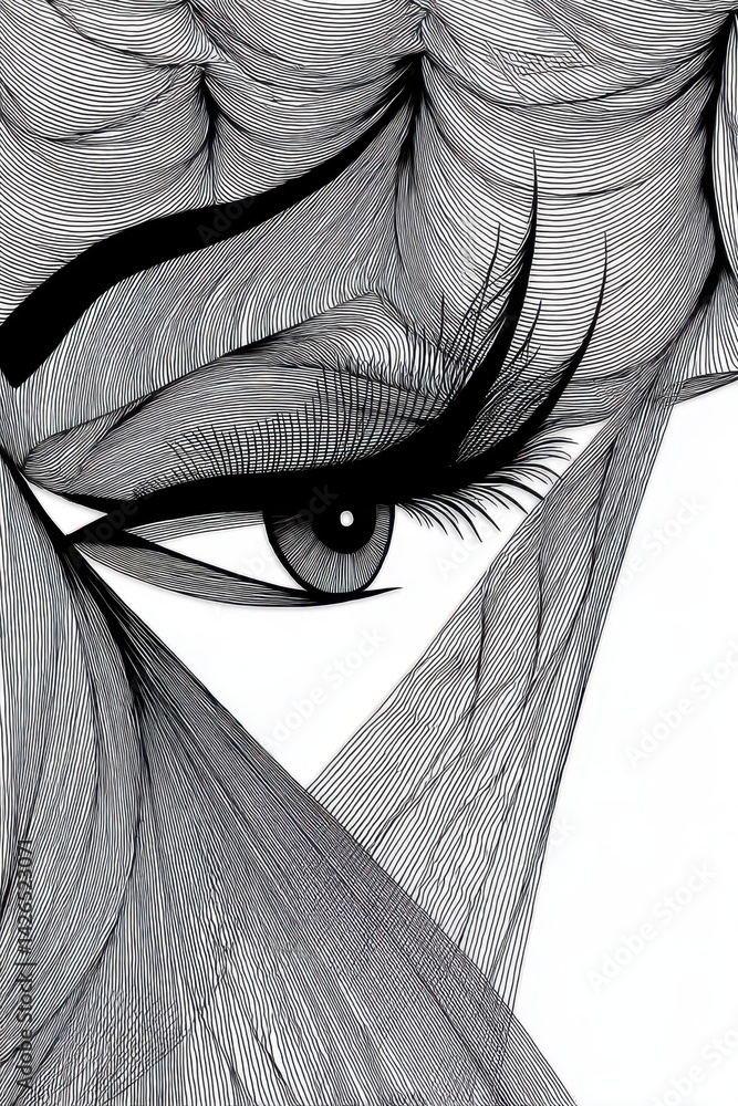 Poster intricate line art representation of an eye with abstract features and textural detail