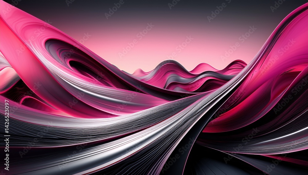 Poster dynamic abstract design featuring streaks of pink silver and black in a gradient pattern during the 