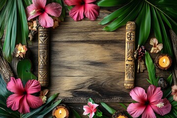 A Polynesian luau frame with hibiscus flowers