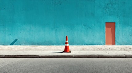 Vibrant teal wall with orange cone and peach door.