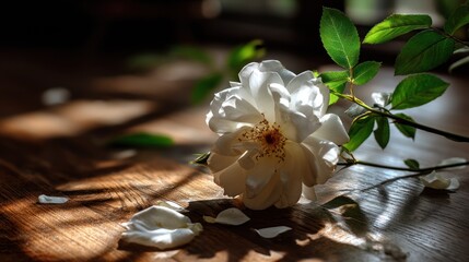 Fototapeta premium Sunlight illuminates a delicate white rose on a wooden surface.