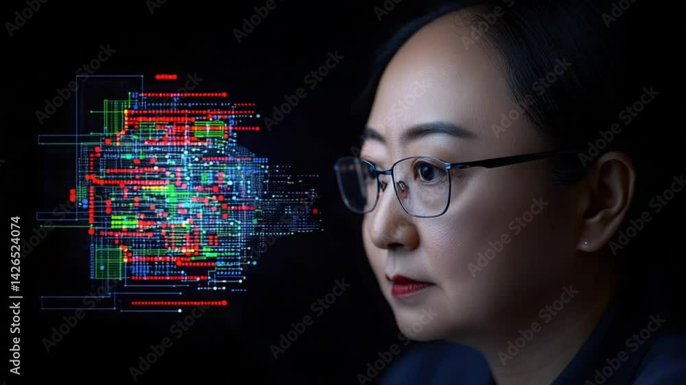 Poster woman in glasses analyzing digital data and technology with glowing circuit design background