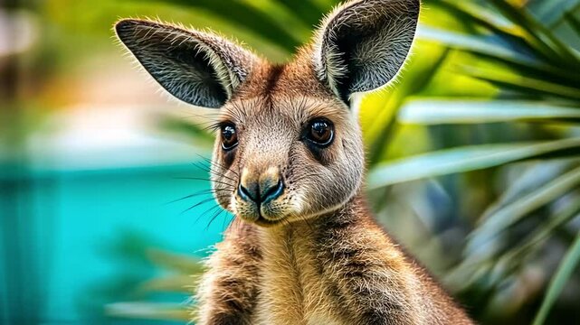 Curious joey portrait, tropical foliage, wildlife sanctuary, nature poster