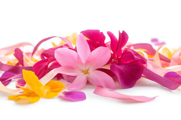 Fototapeta premium Flower crown making activity with fresh petals and ribbons isolated on a white background 