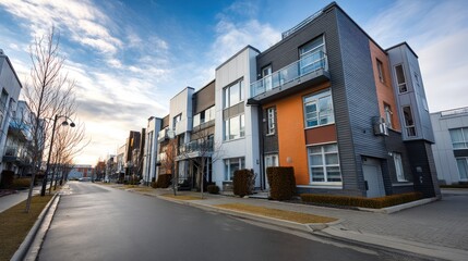 Fototapeta premium Modern townhouses line a residential street under a partly cloudy sky.
