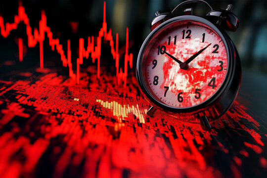 Melting clock and red falling graphs symbolizing time running out in stock market collapse