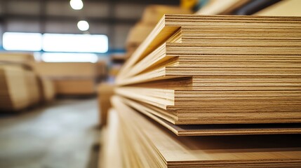 Stack of meticulously layered plywood sheets in a warehouse environment
