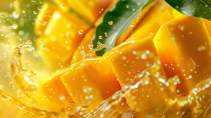 Juicy pieces of vibrant yellow mango, accompanied by a fresh green leaf, are caught in a dynamic burst of clear liquid, suggesting a taste of tropical sweetness and pure refreshment.






