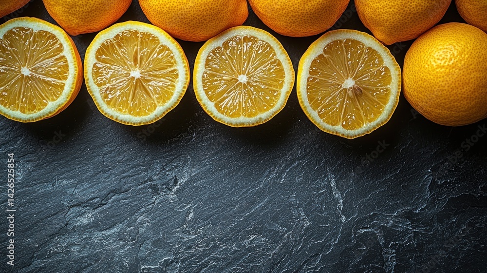 Aufkleber vibrant lemon slices on a rustic slate background creating a fresh backdrop