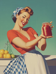 Smiling woman holding a jar of homemade jam. Vintage style illustration with checkered apron and lemons on the table. Retro kitchen and cooking concept for design and print