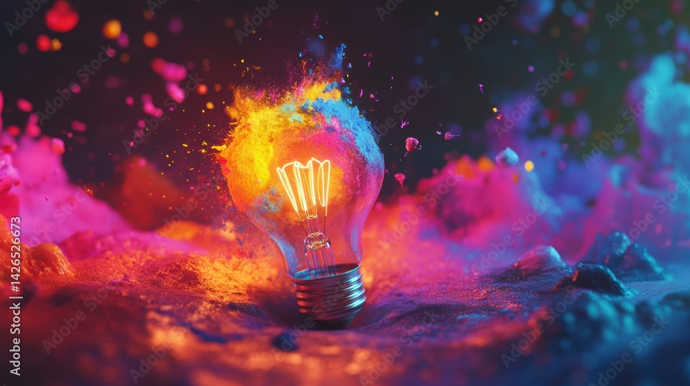 Wall mural bright lightbulb explodes in vibrant colorful paint splash.