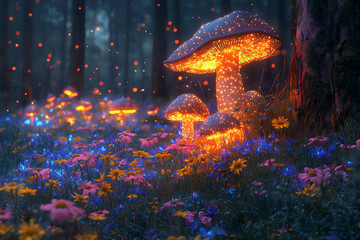 bioluminescent mushrooms surrounded by spring wildflowers,