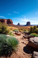 Obraz premium Serene Valley Landscape Photographed from Low Angle with Rocks and Plants