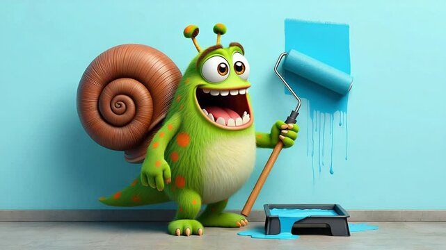 Funny green cartoon snail painting blue wall in creative animated scene with whimsical joyful touch