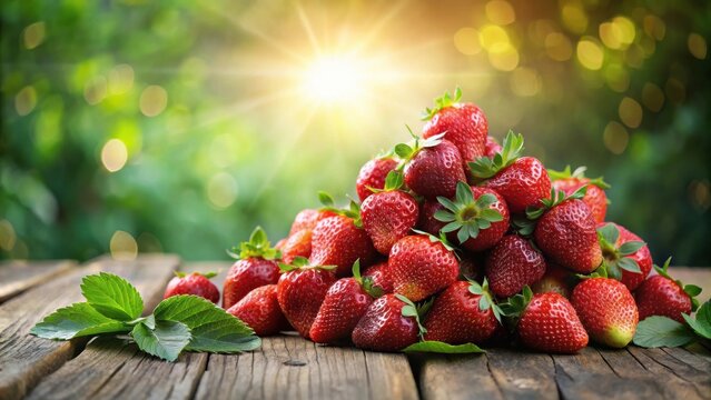 A vibrant pile of sun-kissed strawberries rests on a rustic wooden surface, bathed in the warm glow of a summer afternoon.