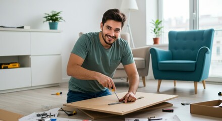 Man assembling flat pack furniture at home with a window and armchair behind