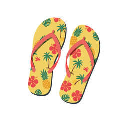 Colorful flip-flops with tropical patterns for summer beachwear and vacation vibes
