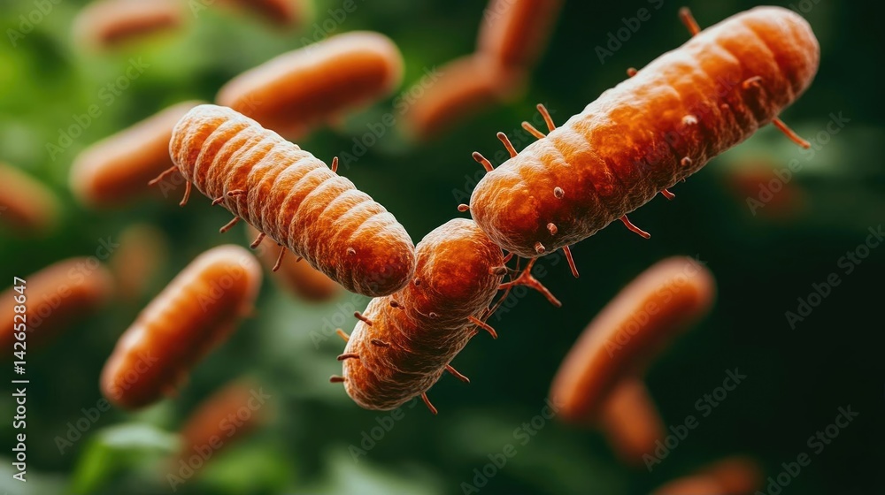 Poster microscopic view of bacteria showcasing their unique shapes and structures in a vibrant green backgr