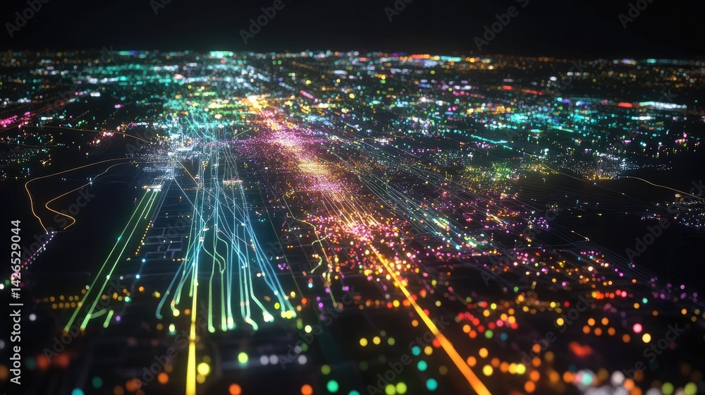 Poster air traffic visualization with altitude-coded flight paths and color-coded sectors
