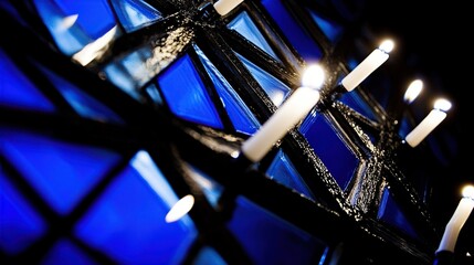 Blue stained-glass candles church night prayer