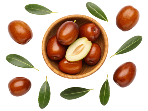 Fresh jojoba fruits and single halved slice Fresh jojoba fruit with its stem and leaves on wooden bowl isolated on white background. Suitable for marketing or business purposes. PNG file