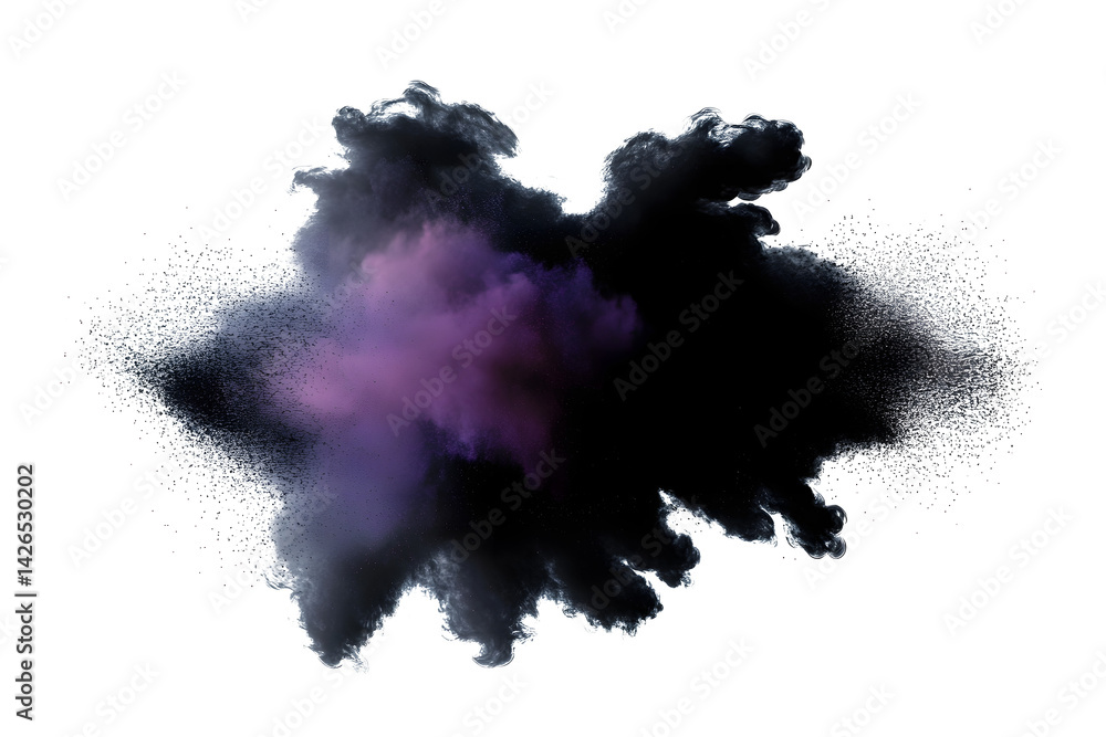Poster black smoke explosion with dusts on empty transparent background. isolated abstract brush. generativ