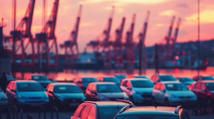 Fototapeta premium Close-up of cargo ship transporting brand new vehicles at sunset, with port cranes in distance. Automotive logistics, international shipping and global trade concepts.