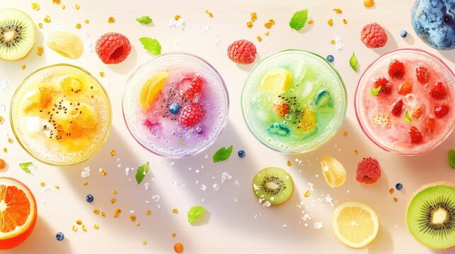 Verres de smoothies aux fruits frais de difrentes couleurs entour de fruits exotiques sur fond en bois clair