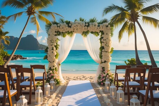 Beach wedding ceremony, tropical paradise, floral arch, white roses, sheer curtains, palm trees, turquoise ocean, golden sand, wooden chairs, sunset glow, romantic atmosphere, destination wedding, bea