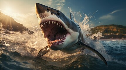Obraz premium Great White Shark Leaping from the Ocean