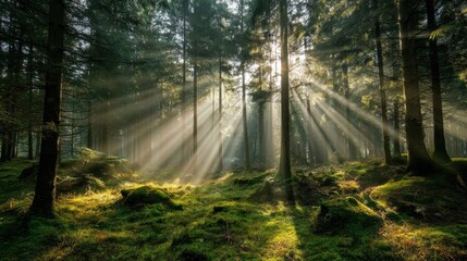 Obraz premium Sunbeams illuminate a lush forest, creating a magical atmosphere. The scene is serene and peaceful, with the sunlight filtering through the trees.