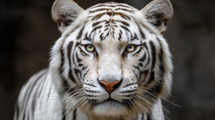 A majestic white tiger's intense gaze, a captivating portrait showcasing its striking features and powerful presence against a dark, blurred background.