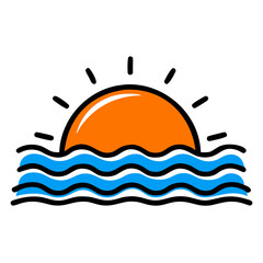 Stylized sunset view with an orange sun rising above blue waves, evoking tranquility and natural beauty