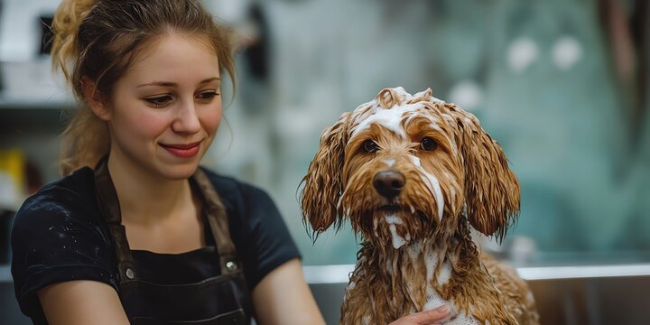 Dog Grooming: Happy Woman Washing Fluffy Dog