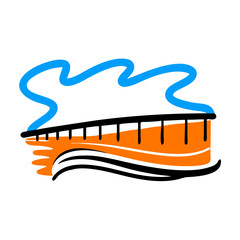 Abstract illustration of a stylized boardwalk with wavy lines representing water and sky